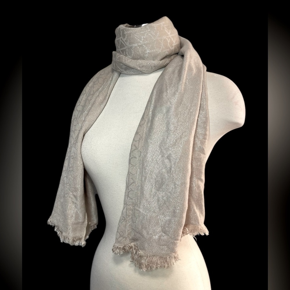 Calvin Klein Signature Logo Pattern Scarf Fringe Beige Soft Sparkle